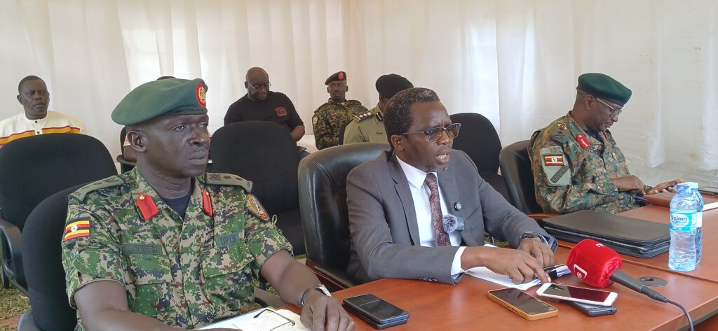L-R (Col David Opeero, Kenneth Omona and Major General Felix Busizoori) during a press briefing in Gulu City on Friday 23rd May 2025/Photo by EMMY DANIEL OJARA